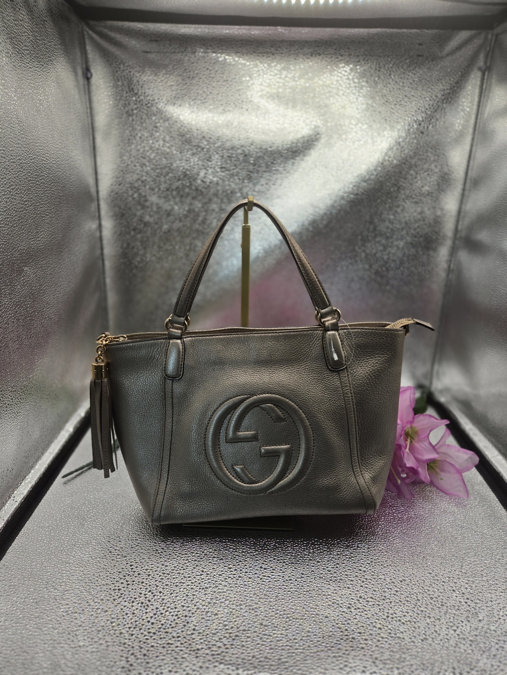 Authentic Gucci Soho Small Metallic Leather Tote/Crossbody